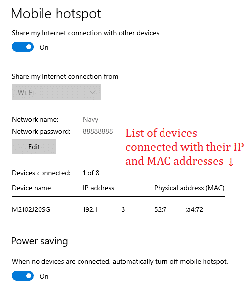 IP and MAC addresses of the connected devices
